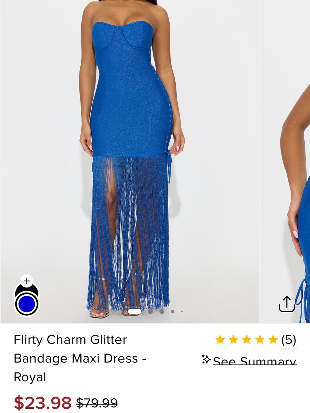 Fashion Nova Royal Blue Strapless Fringe Maxi Dress
